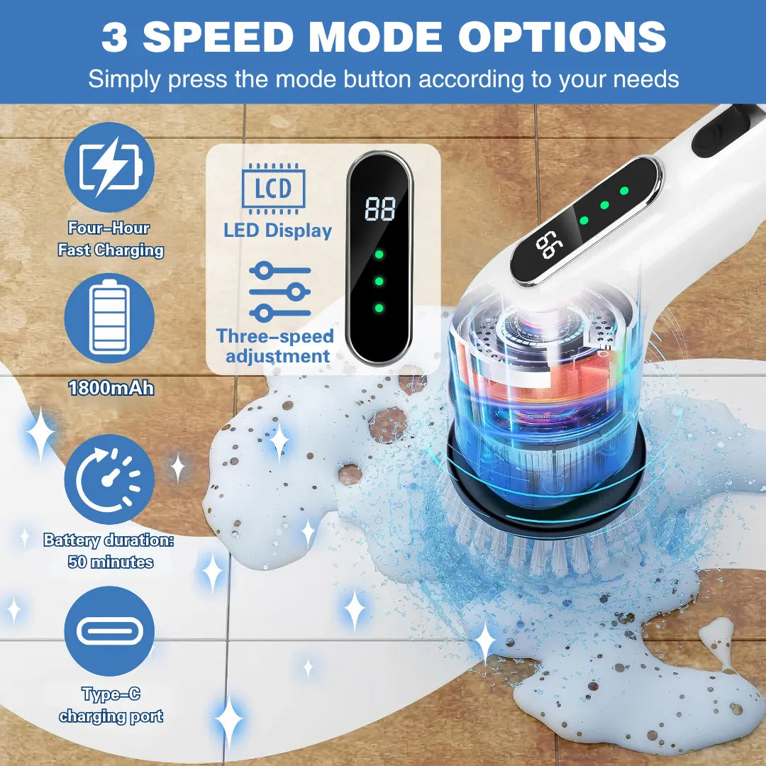 White electric cleaning brush with blue transparent head cleaning foamy tile floor, featuring 3-speed adjustment (350-520 RPM), 1800mAh battery (50min runtime), Type-C fast charging, and LED display showing battery level.