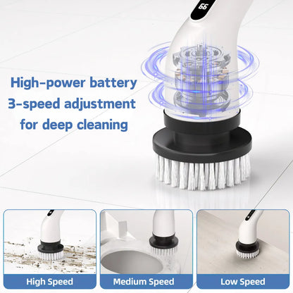 Cordless electric cleaning brush with high-power battery and 3-speed adjustment (High/Medium/Low) for deep cleaning—white handle, black base, and LCD speed display