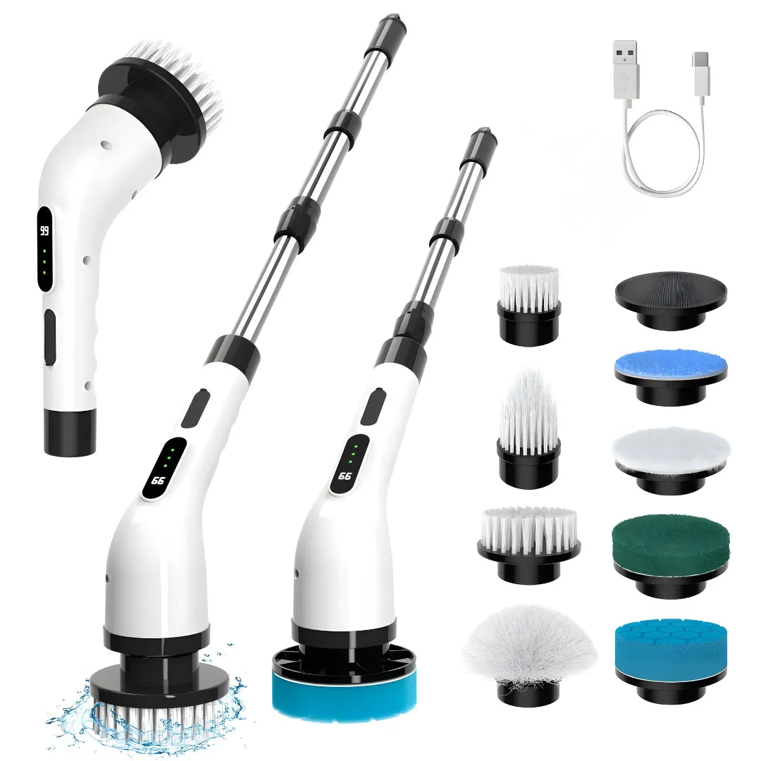 9-in-1 cordless electric cleaning brush with multiple brush heads for versatile cleaning—ideal for bathrooms, kitchens, and tiles