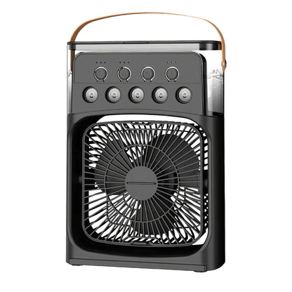 Sleek black handheld air cooler with transparent water tank, control buttons, and LED indicators, featuring a convenient carry handle and large front fan.
