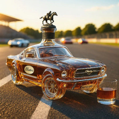 Mustang car shaped funny decanter with rider figurine on racetrack. 