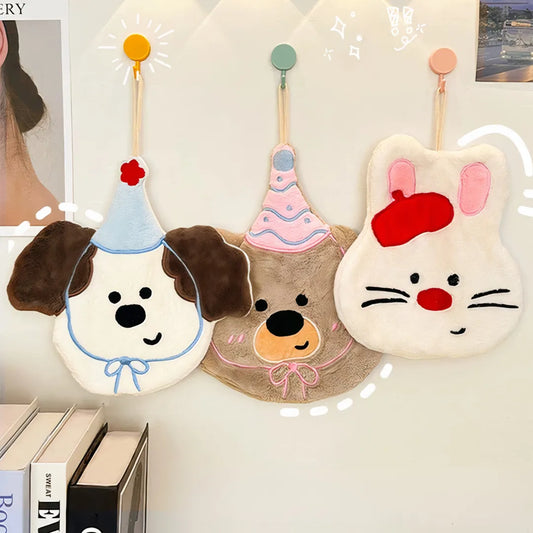 Cartoon bunny, bear, and puppy face towels in coral fleece, cute and creatively designed for hanging