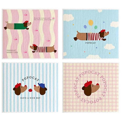 Set of 4 dachshund-print cellulose towels with chic designs.