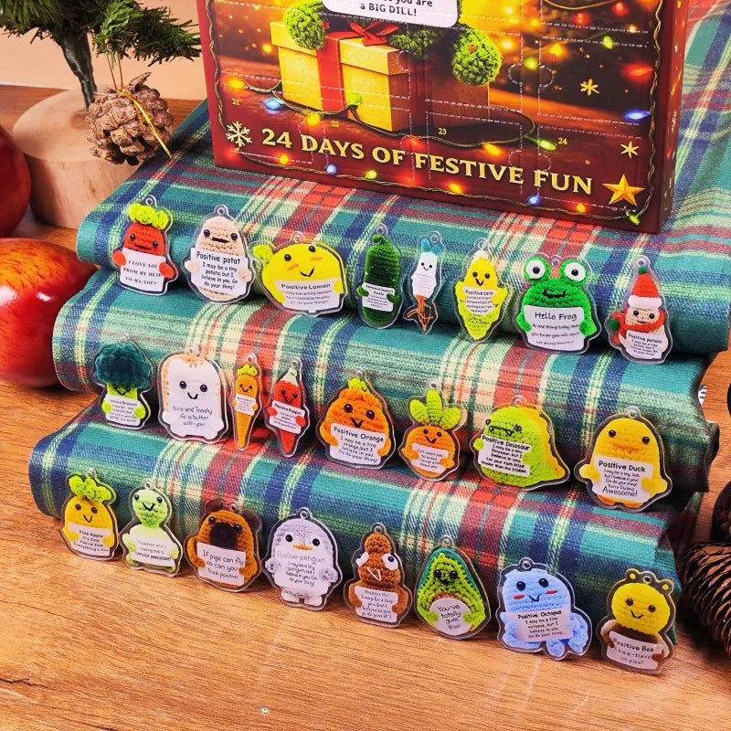 Advent calendar with small character figures on a plaid fabric background