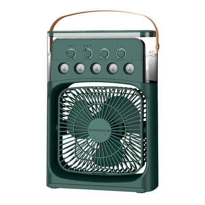 Green portable air cooler with top handle, front fan grille, control buttons, LED indicators, and side transparent water tank for easy monitoring.