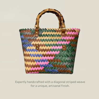 Handwoven dachshund tote bag with colorful diagonal weave, featuring bamboo handles and a spacious open-top design for versatile, everyday use.