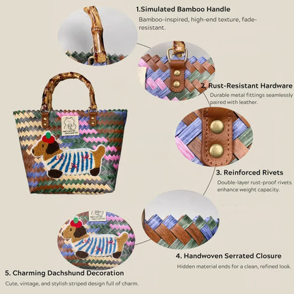Handwoven dachshund tote bag showcasing bamboo-inspired handle, quality rust-resistant hardware, reinforced rivets, and a charming dachshund design.