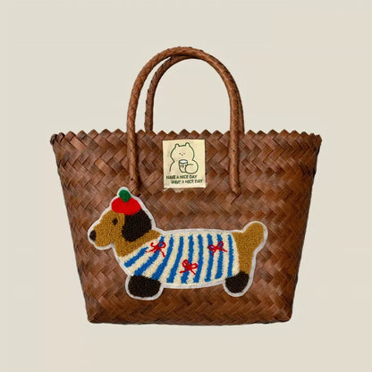 Handwoven dachshund tote bag featuring a vintage bamboo handle and high-quality woven body, combining retro charm and modern casual style for stylish women.

