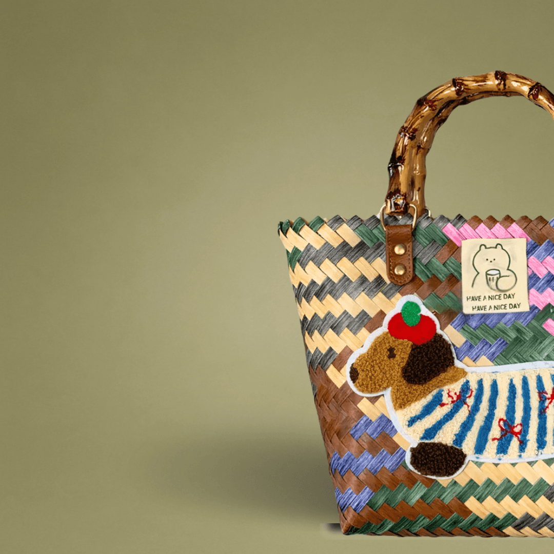 Handwoven bamboo tote with colorful dachshund embroidery, fun and chic to match with any look
