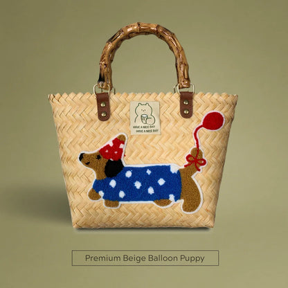 Handwoven bamboo tote with a playful dachshund balloon embroidery in premium beige, crafted for a chic and vintage look.