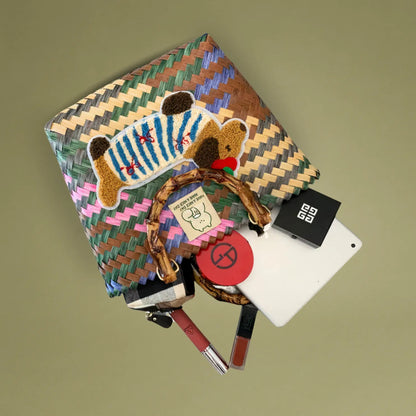 Handwoven bamboo tote with dachshund embroidery, featuring large capacity, perfect for work, shopping, and travel across multiple occasions.