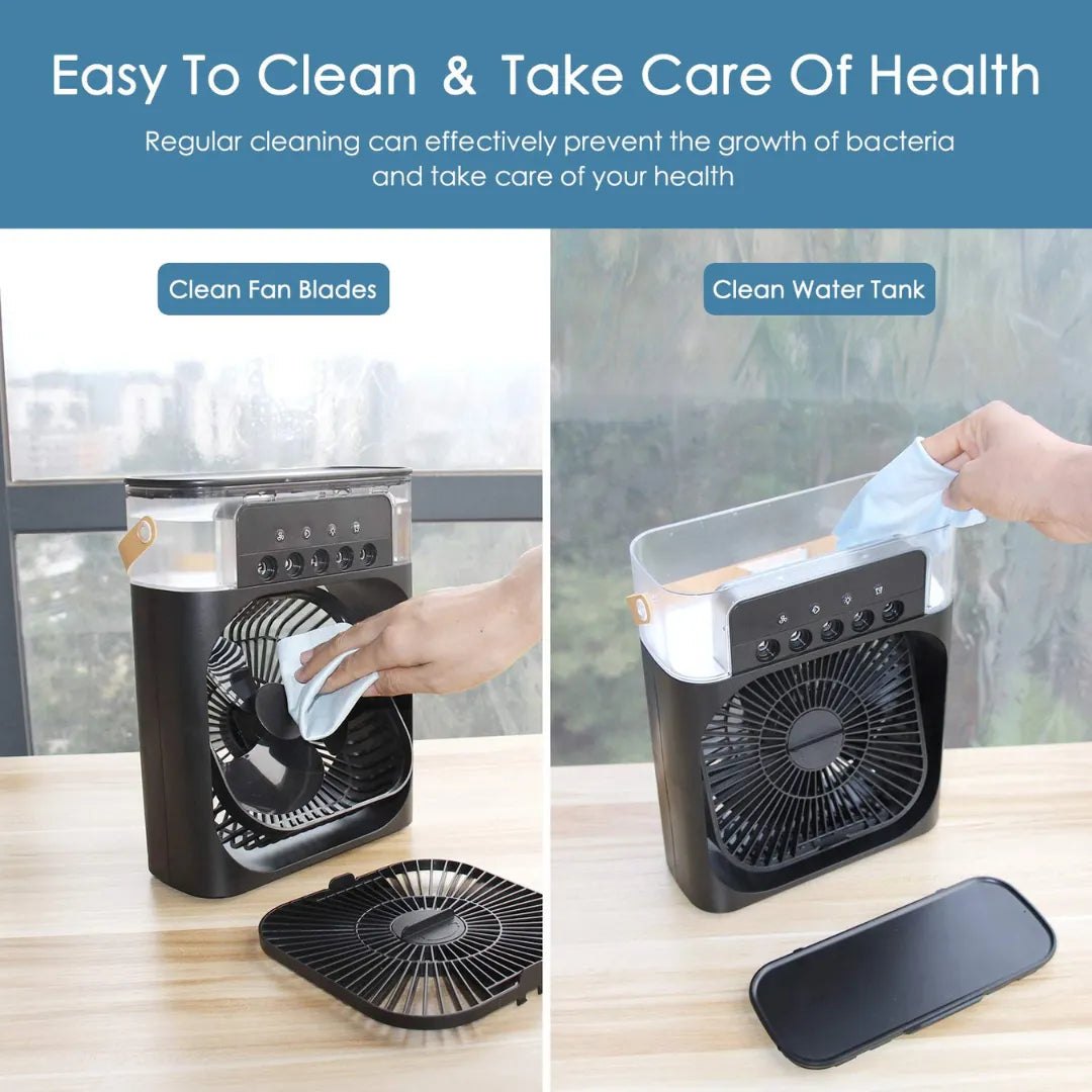 Split-screen showing hands cleaning fan blades and transparent water tank of black air cooler with "Easy To Clean" text on wooden table.