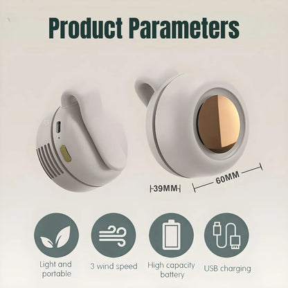 White and gold portable clip-on mini fan with marked 39MM & 60MM dimensions, showing 3 speeds, USB charging, and battery icons on light background.