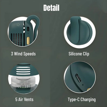 Teal clip-on mini fan grid close-up showing 3 speeds, silicone clip, 5 vents, and Type-C port on dark gray background, highlighting refined craftsmanship.