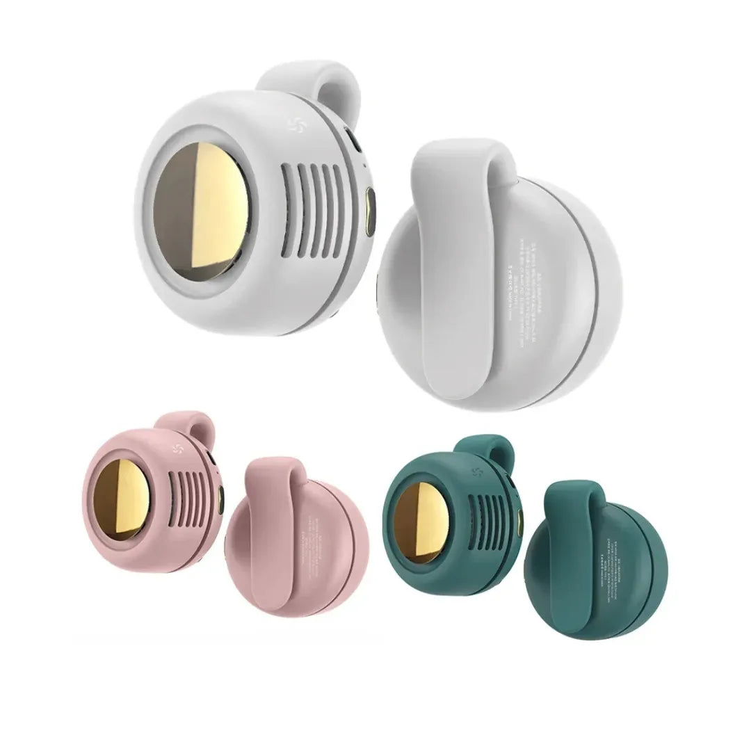 Three portable clip-on mini fans in white, pink and teal colors with golden accents, showing front and side views on clean white background.