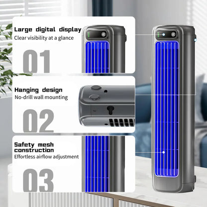Sleek gray air cooler with large digital display (showing "01"), hanging mount design ("02"), and safety mesh construction ("03") in living room setting with blue accent lighting.