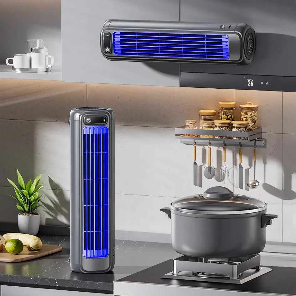 Wall-mounted and countertop air coolers in modern kitchen with blue-lit vents, digital display, white subway tiles, and cooking utensils on gray countertop.