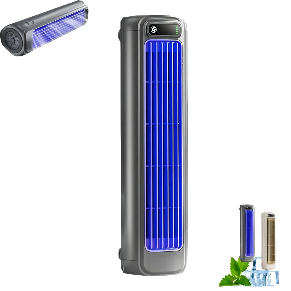 Tall gray air cooler with blue-lit grille, control panel with fan icon, and inset close-up of airflow, plus smaller gray/beige models on ice cubes with mint leaves.