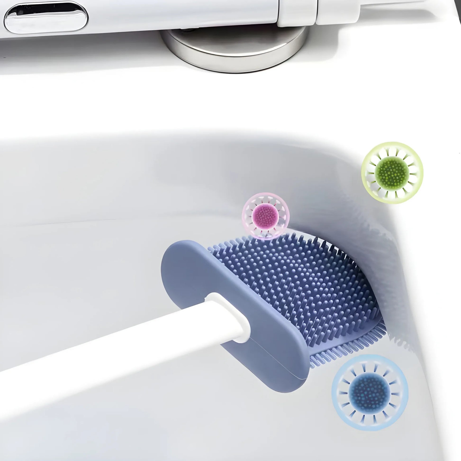 Close-up of a flexible silicone toilet brush with a D-shaped head scrubbing a toilet rim, showing how it removes dirt and bacteria from hard-to-reach corners.