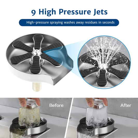 Image comparing a dirty cup before and a spotless cup after using the glass rinser, showing strong water flow and multi-angle jets for fast, high-pressure cleaning.