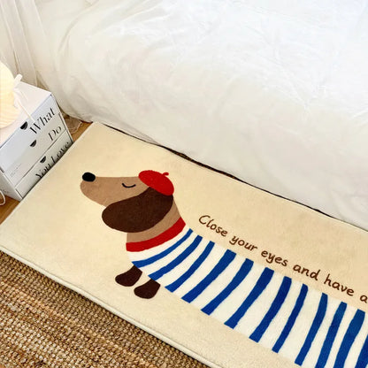 Striped dachshund faux cashmere bedside throw placed next to a bed, featuring a soft, plush texture perfect for creating a cozy and warm bedroom vibe.