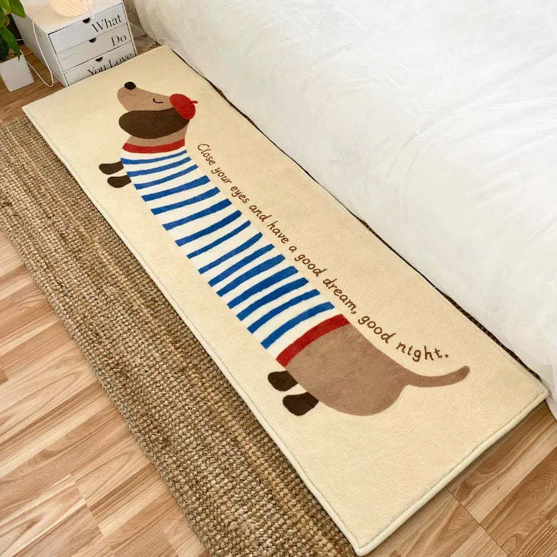 Striped dachshund faux cashmere bedside throw placed next to a bed, featuring a soft, cozy design perfect for elegant and stylish female home decor.