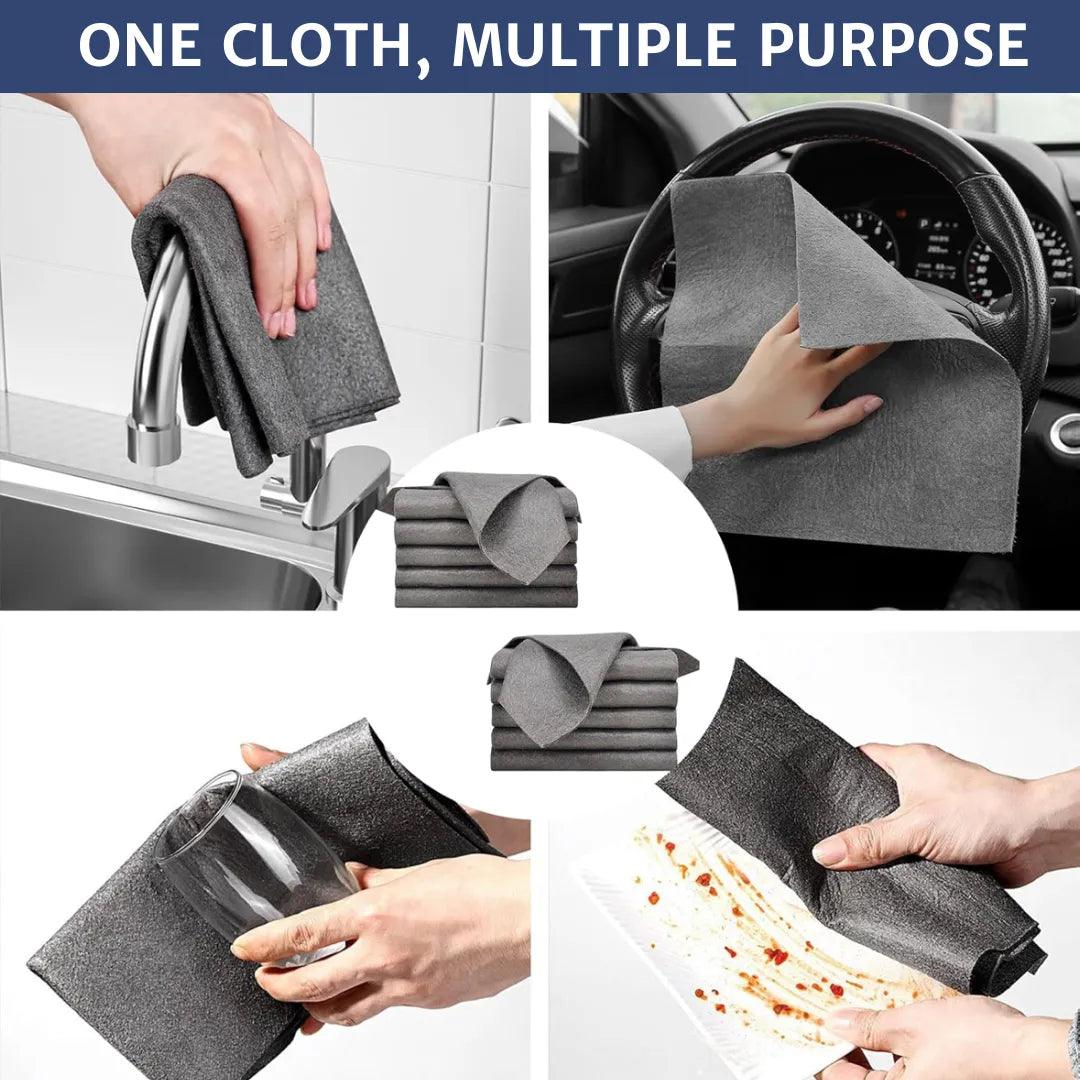 Four scenes showing the microfiber cloth cleaning a faucet, steering wheel, glass cup, and plate, highlighting its versatile use and ease of cleaning for various household tasks.