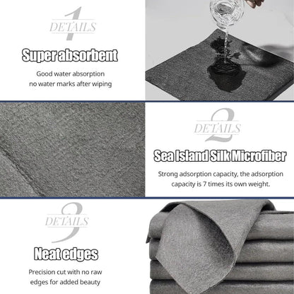 Detailed views of the microfiber cloth showing water being fully absorbed from a cup, the ultra-soft microfiber texture, and neatly finished edges with a simple, clean design.