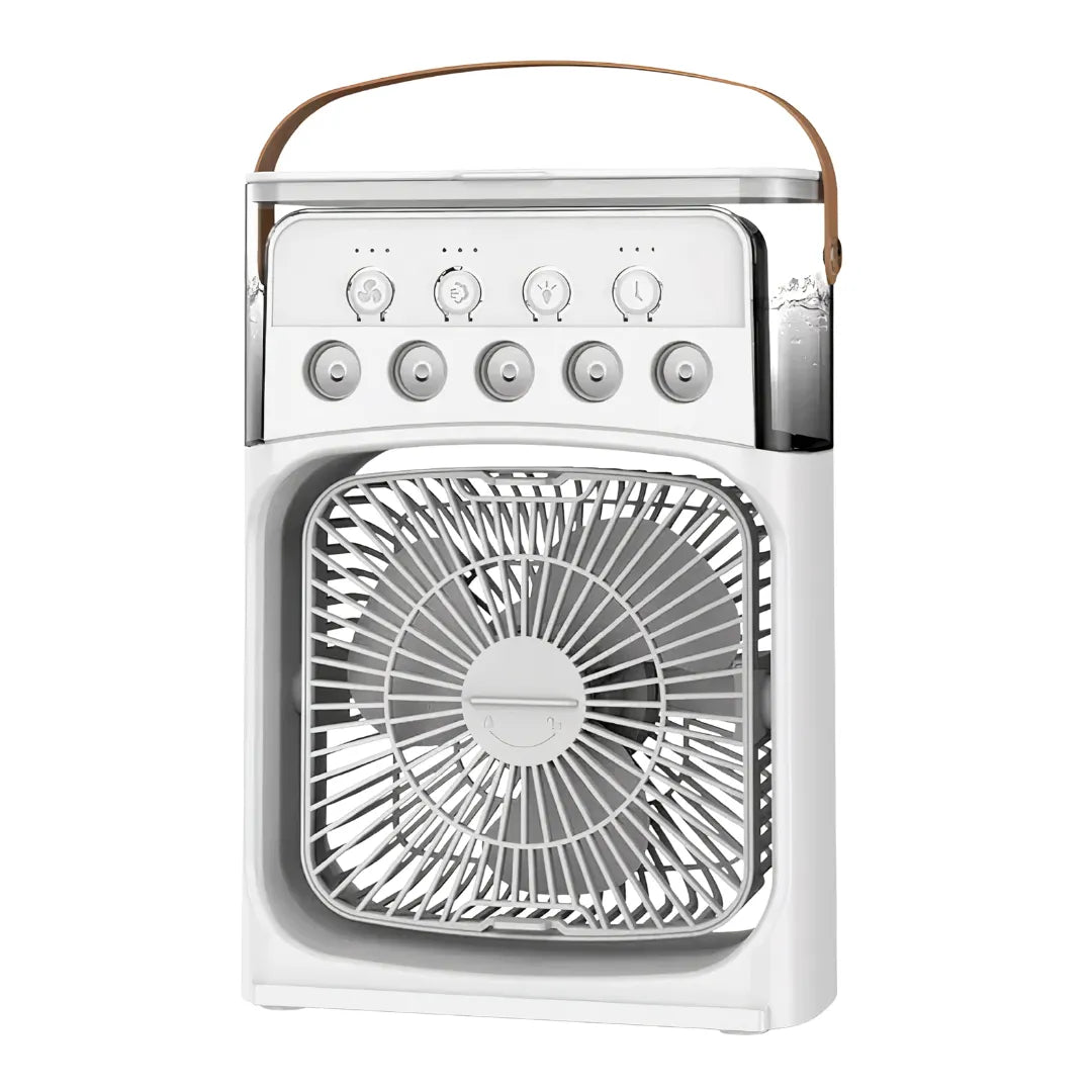 White portable air cooler with brown leather handle, transparent water tank, LED lights, and control panel with speed/timer buttons on white background.