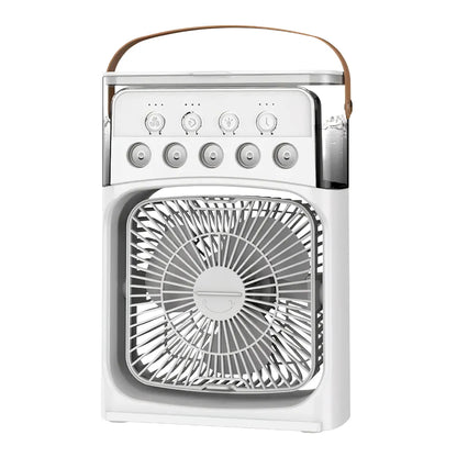 White portable air cooler with brown leather handle, transparent water tank, LED lights, and control panel with speed/timer buttons on white background.