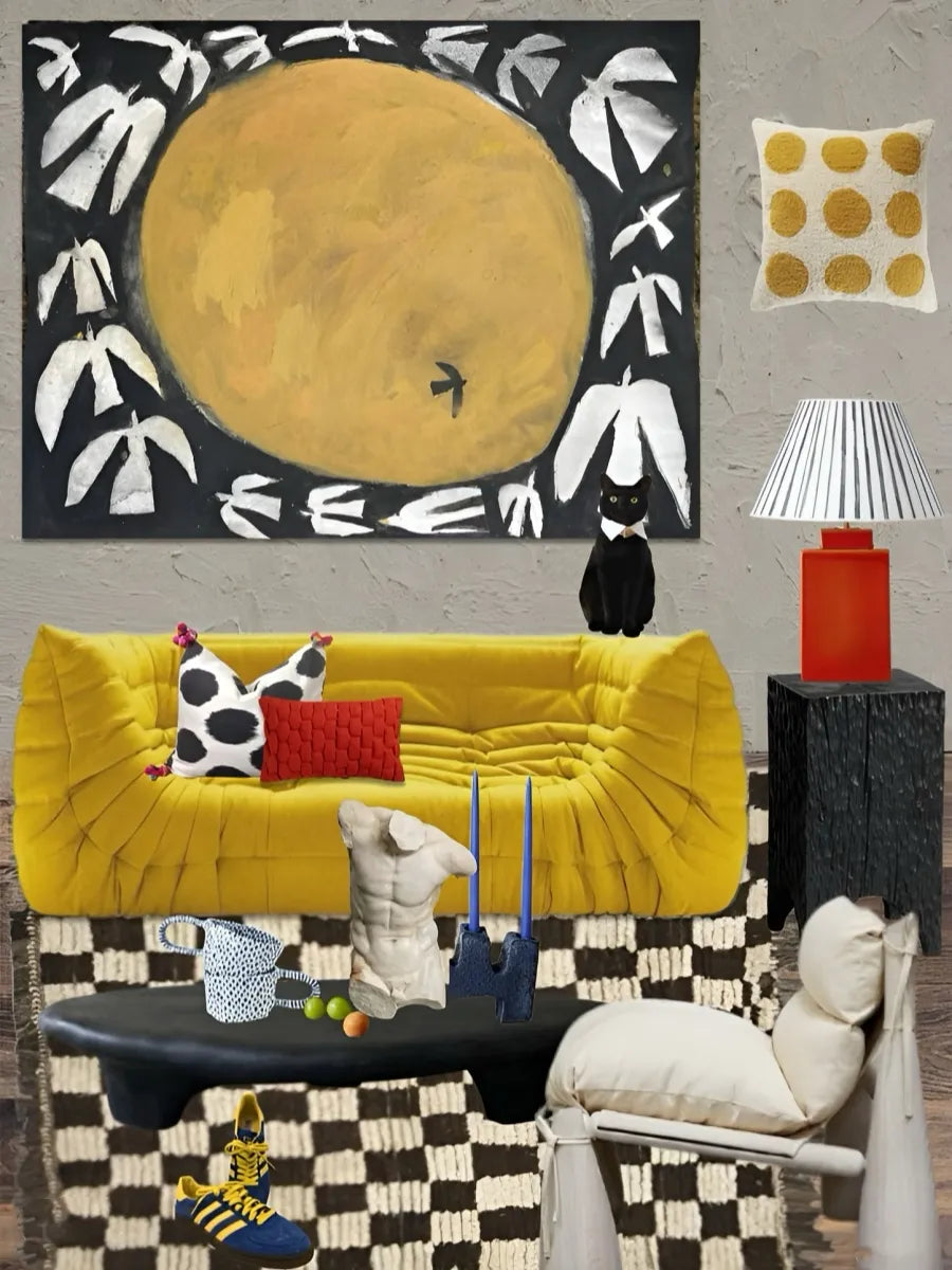 Modern living room with yellow sofa, abstract wall art, and decorative items.