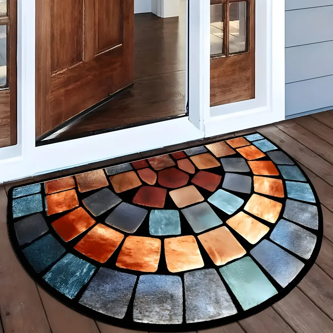 Boho mosaic rug with colorful square patterns for indoor/outdoor use by wooden door.