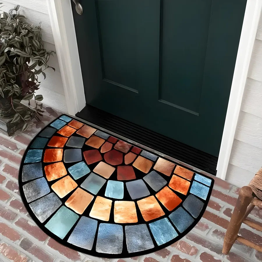 Colorful mosaic doormat in front of a dark green door on a brick floor.