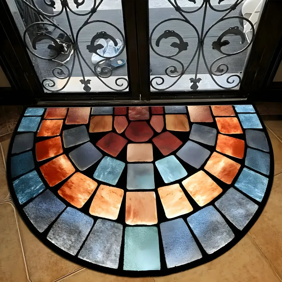 Colorful mosaic rug on a wooden floor with decorative glass door in the background