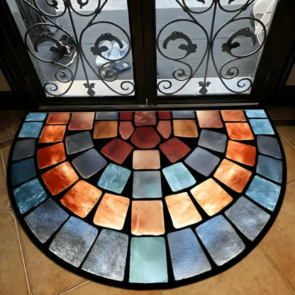 Colorful mosaic rug on a wooden floor with decorative glass door in the background
