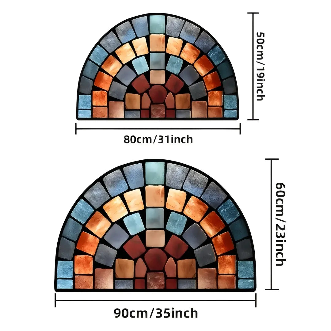 Mosaic wall art with colorful tiles and measurements on a white background