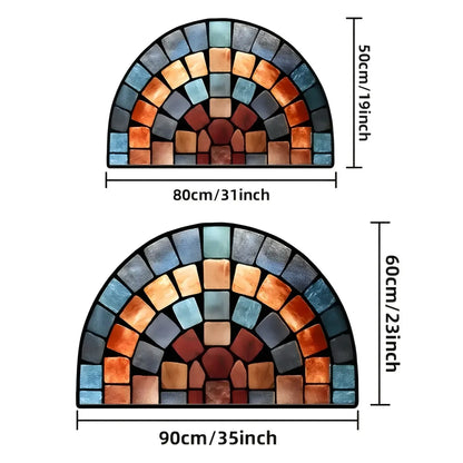 Mosaic wall art with colorful tiles and measurements on a white background