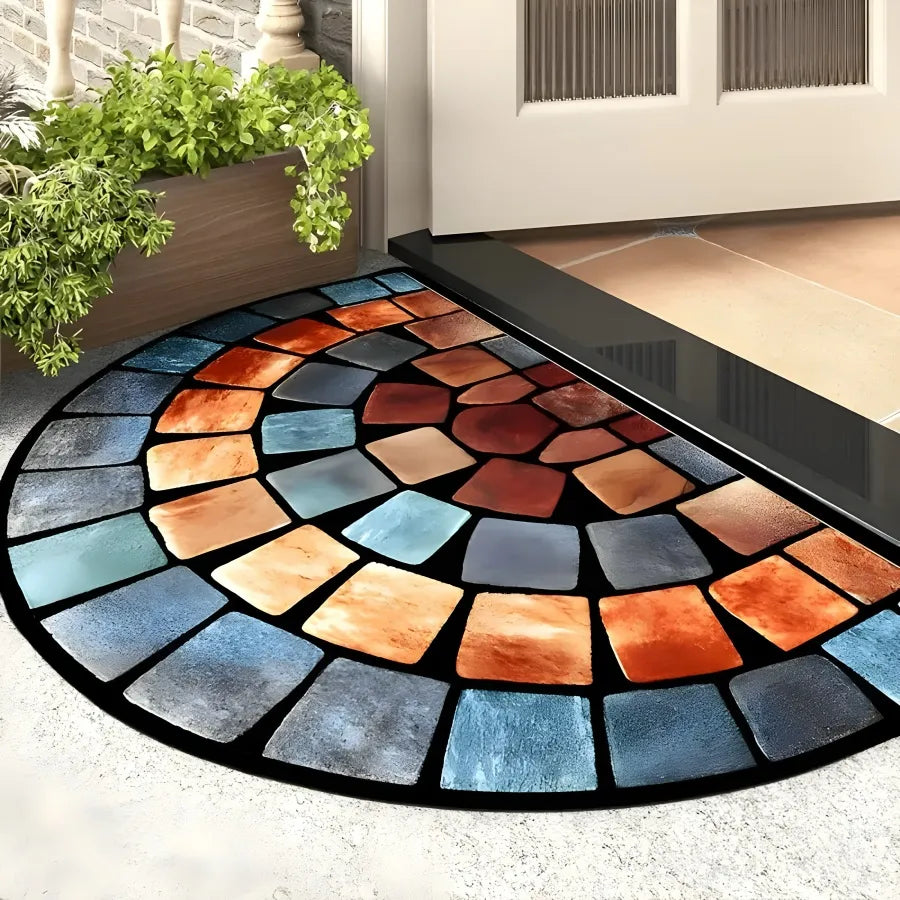 Soft material boho mosaic rug with geometric patterns in blue and orange tones at doorway with plants.