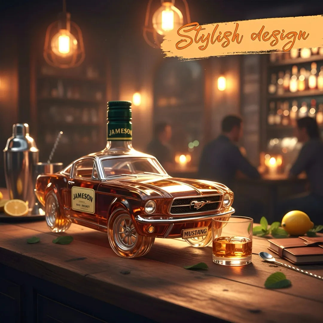 Jameson whiskey bottle shaped like a car on a bar with a glass of whiskey.