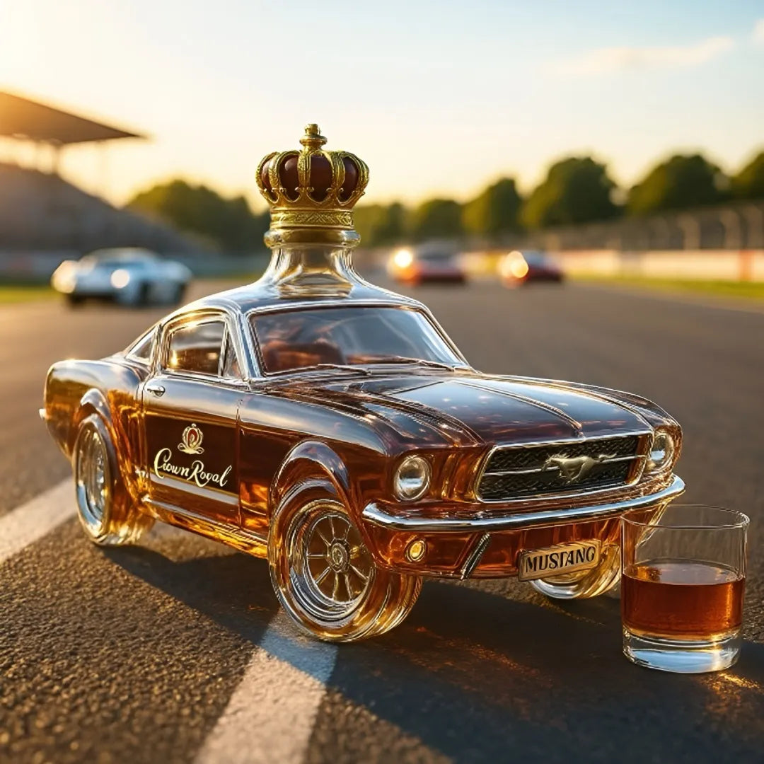 Crown Royal Mustang bottle on a race track with a glass of whiskey.