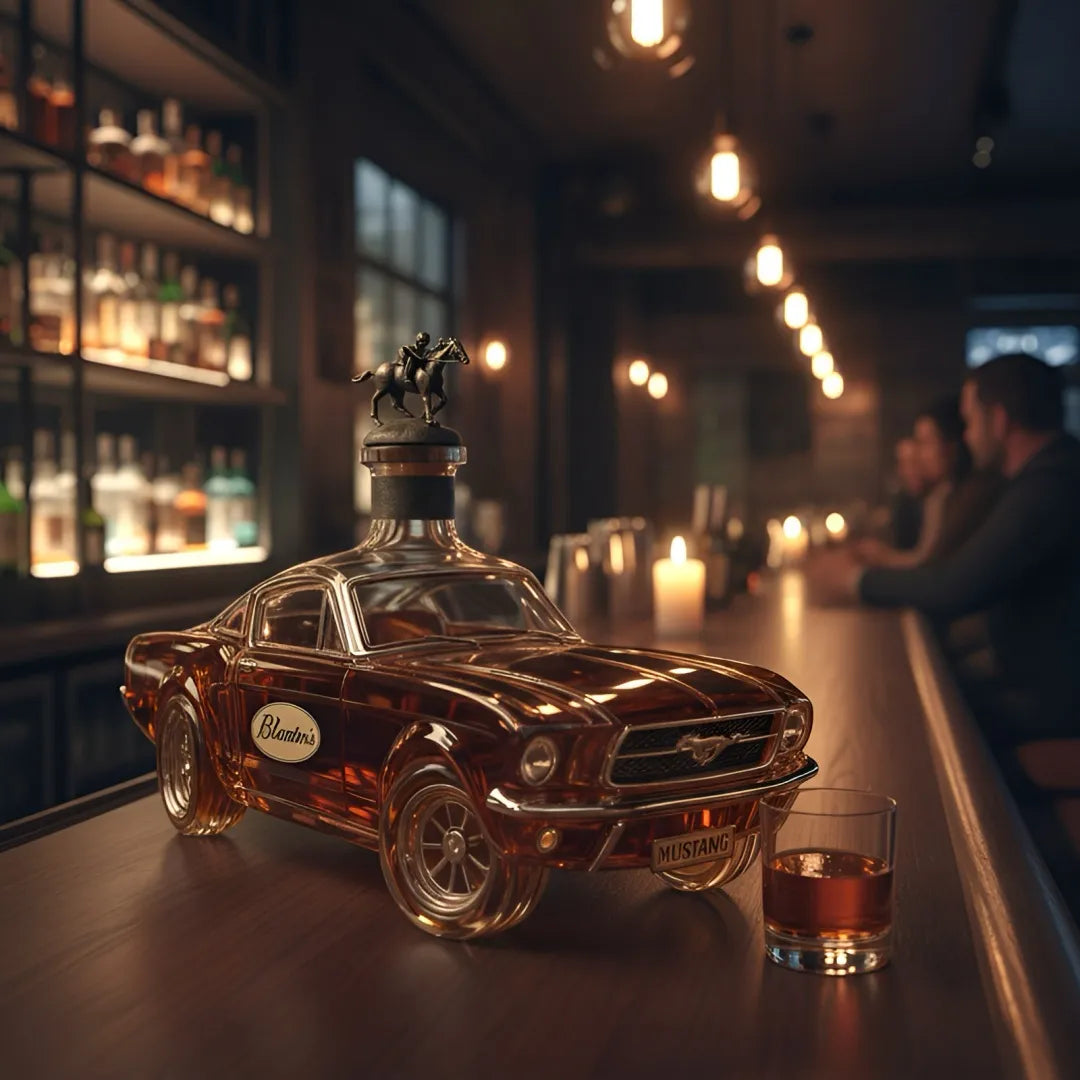 Whiskey bottle shaped like a car on a bar with a glass of whiskey