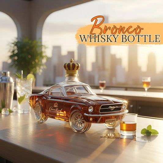 Bronco whiskey decanter shaped like a Mustang with crown. Perfect gift for men who enjoy whiskey and cars.