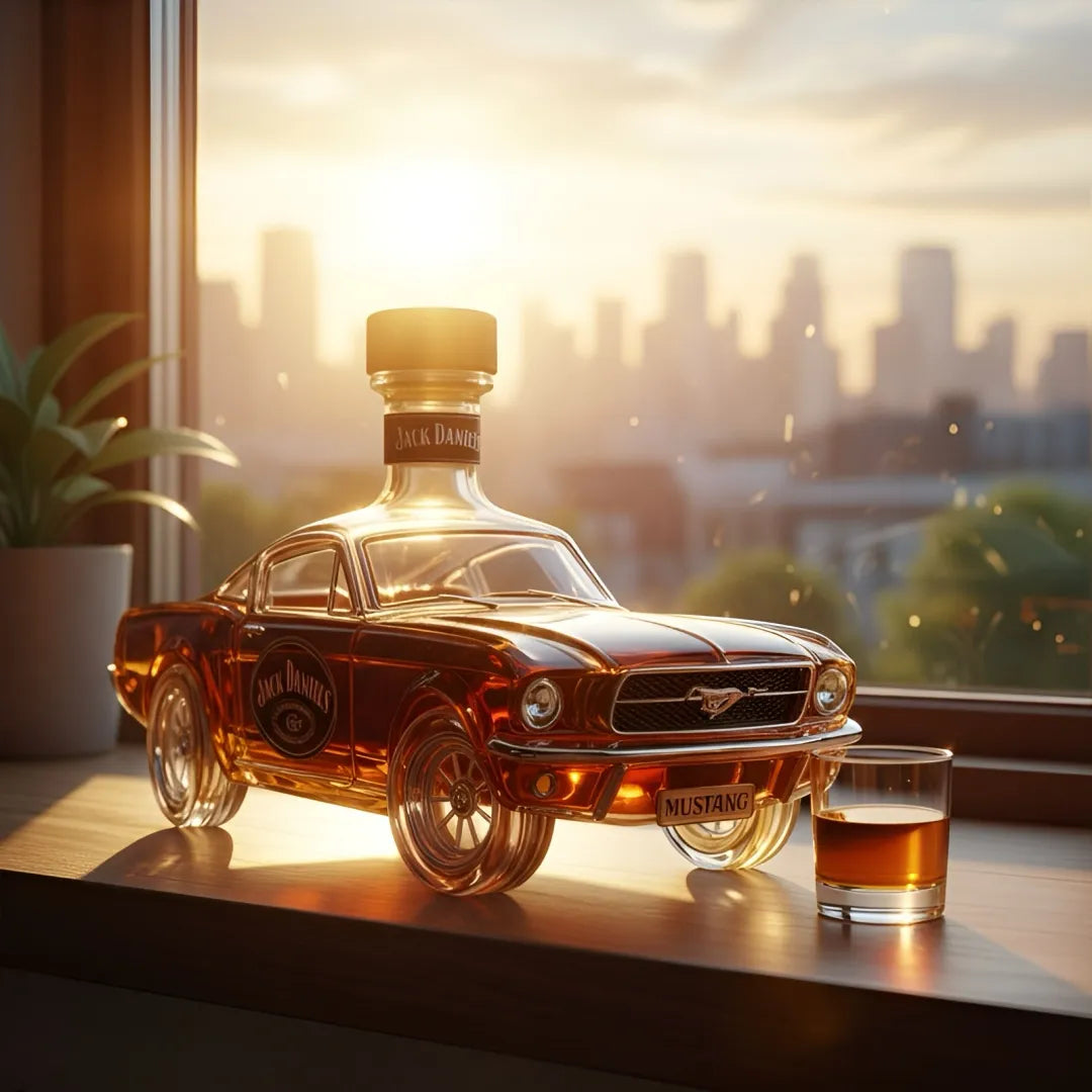 Jack Daniel's whiskey bottle shaped like a car on a table with a cityscape in the background