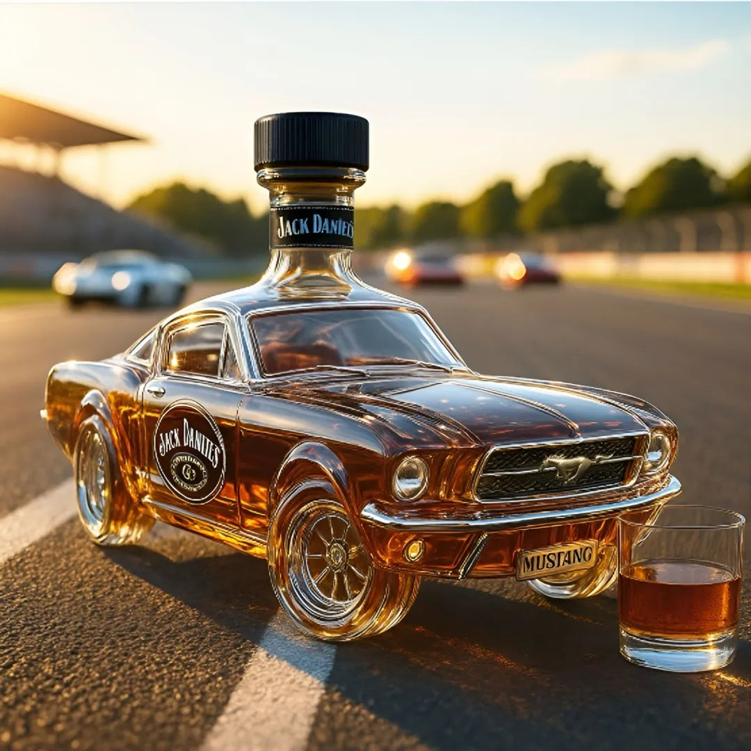 Jack Daniel's bottle shaped like a classic car with a glass of whiskey on a racetrack.