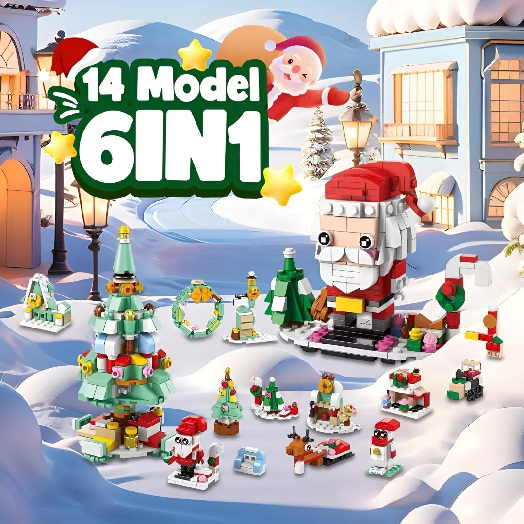 Christmas Block Advent Calendar with 14 models in 6-in-1 set featuring Santa, tree, sleigh, and snowman on snowy village backdrop.