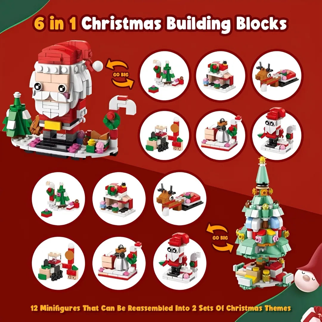 6-in-1 Christmas building blocks set with Santa Claus figure and tree on a red background