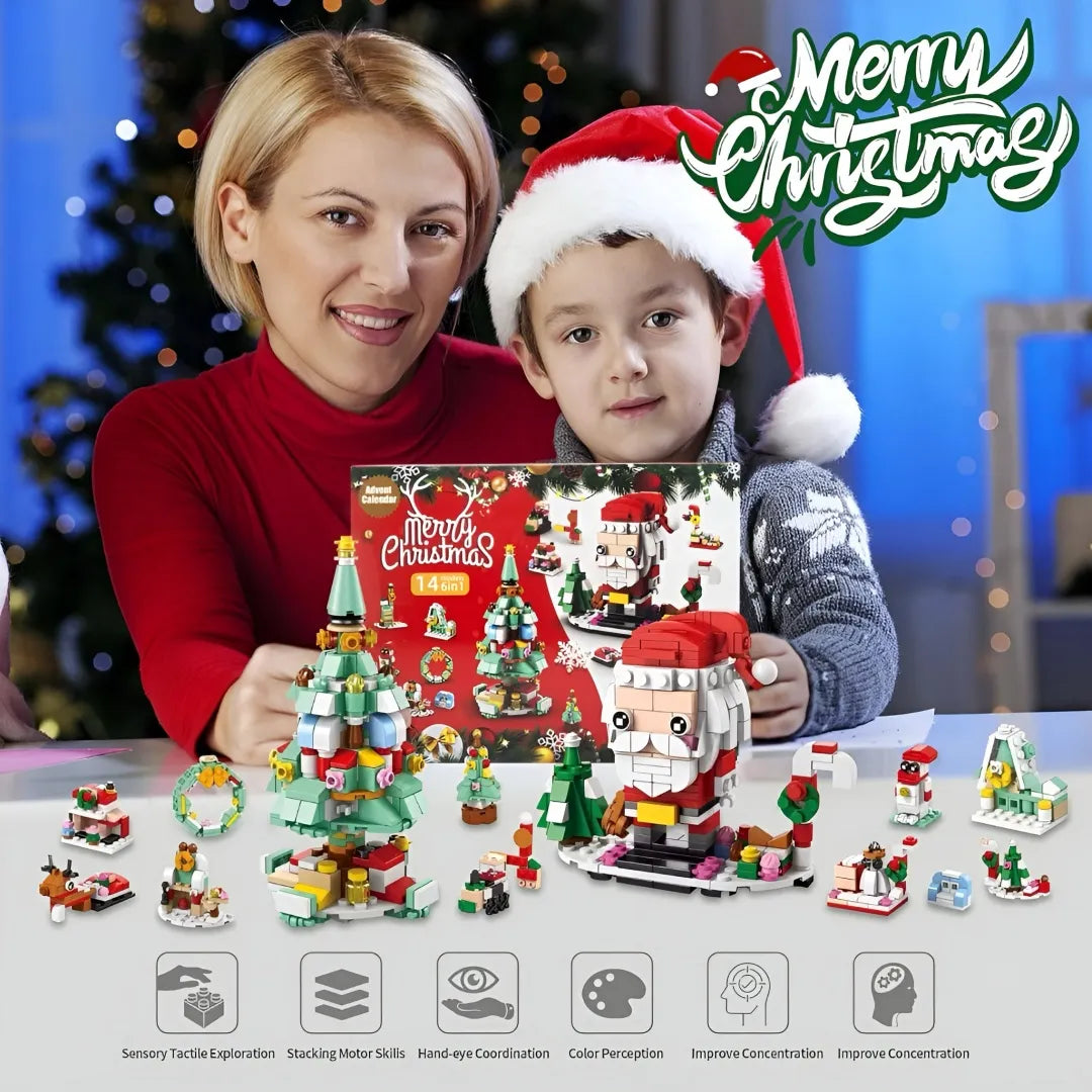 Woman and child with Christmas-themed building blocks and 'Merry Christmas' text.