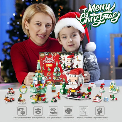 Woman and child with Christmas-themed building blocks and 'Merry Christmas' text.