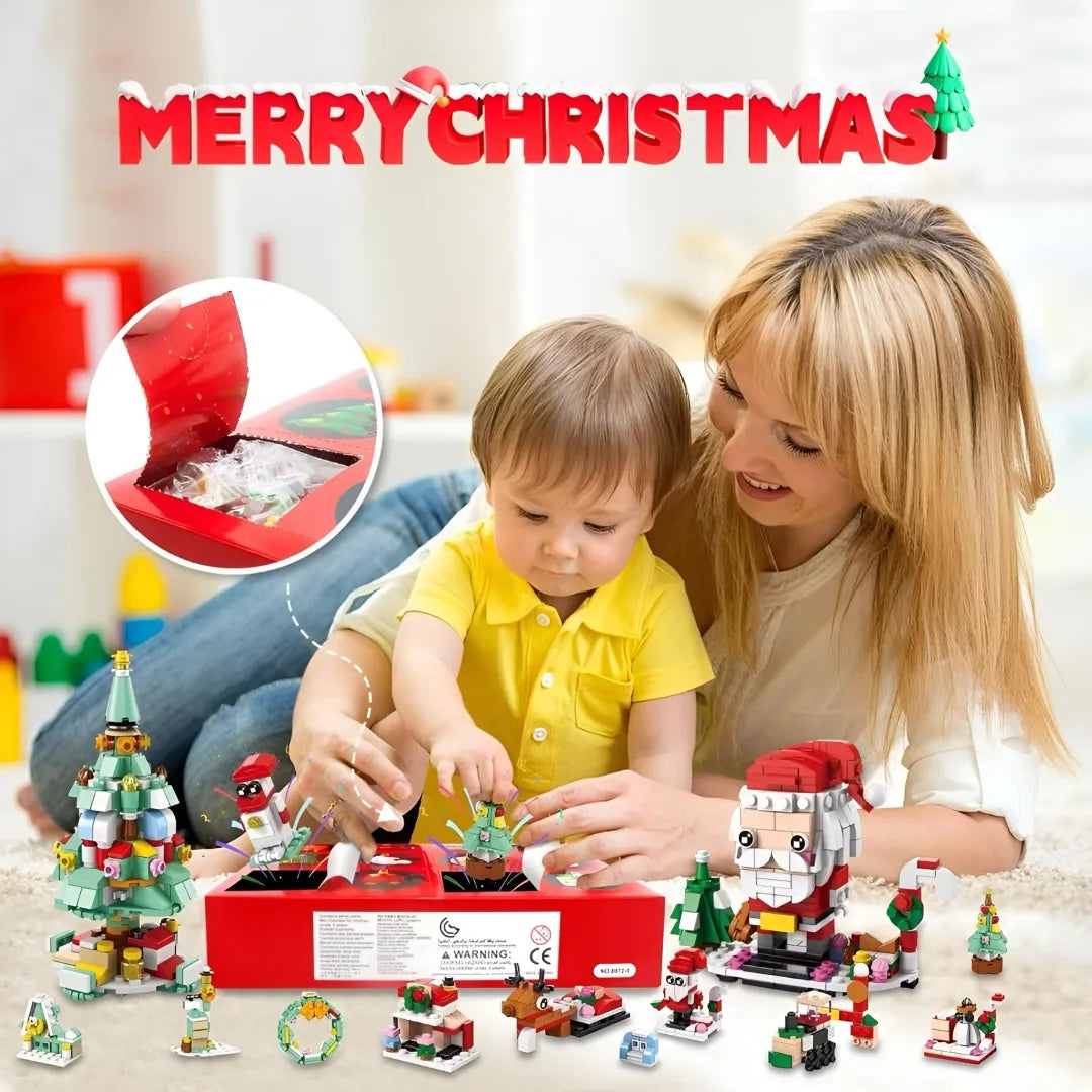 Mother and child building Christmas block advent calendar toys featuring Santa, trees, and gifts on floor.