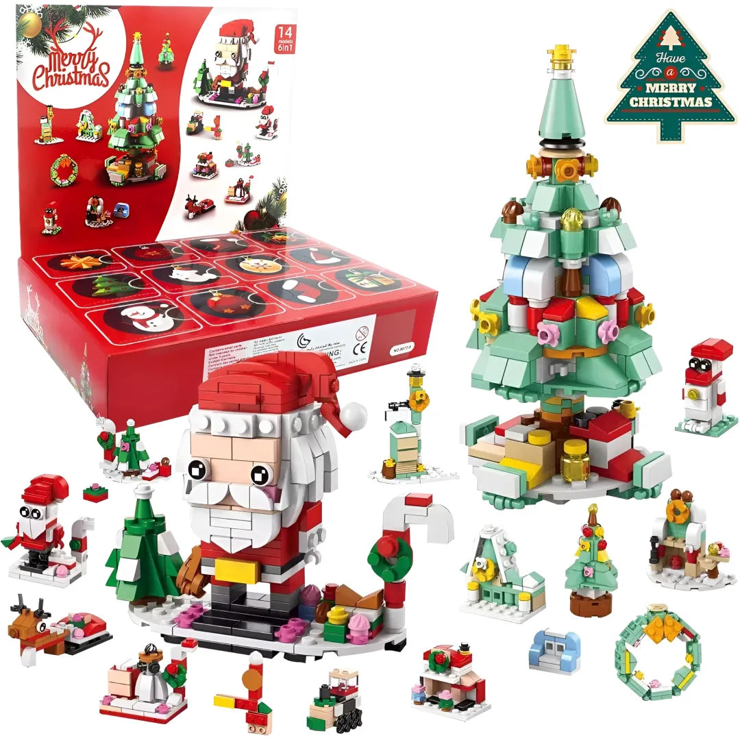 Christmas-themed building block set with Santa Claus figure, tree, and various decorations in front of a red box.